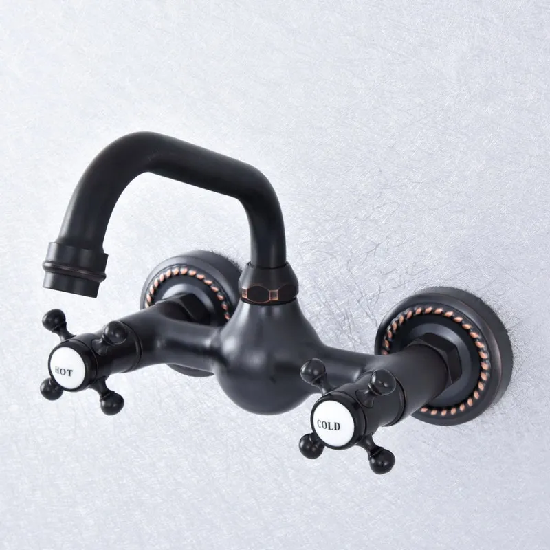 

Black Oil Rubbed Bronze Wall Mounted Bathroom Basin Sink Faucet Swivel Vessel Mixer Tap Dual Handle Mixer Tap Lsf722