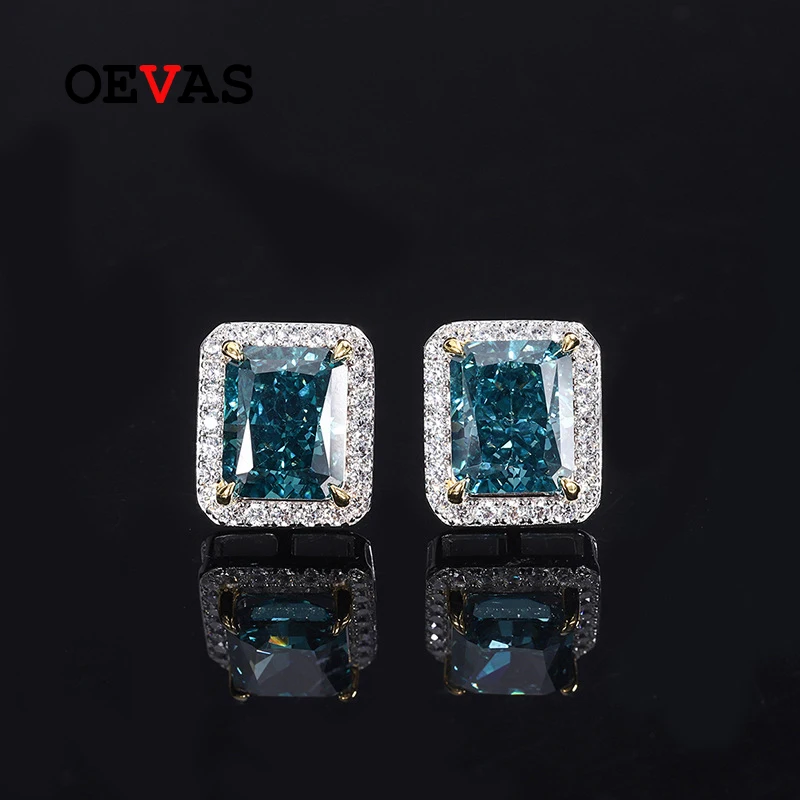 

OEVAS 100% 925 Sterling Silver 8*10mm Mint Green Yellow Pink Aquamarine High Carbon Diamond Radiant Cut Stud Earrings For Women