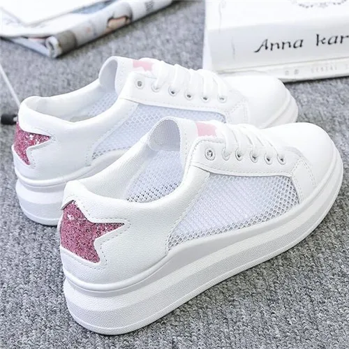 910-1 pink Женские кроссовки; Модные дышащие сетчатые женские вулканизированные туфли; повседневная обувь на платформе со шнуровкой; женские белые теннисные туфли; feminino - Цвет: 910-1 pink
