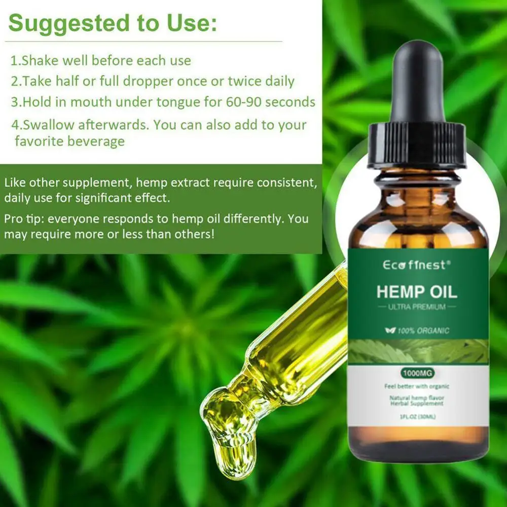 

30ml Organic Hemp Oil for Pain Relief Sleep Aid Anti Stress 1000mg Hemp Extract Drops ECO Finest Body Skin Care Help Slee