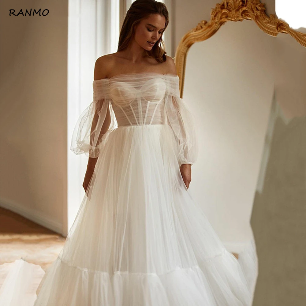 

Beach Sweetheart Corset Wedding Dress Off Shoulder Ivory Long Puff Sleeves Bridal Dresses Gowns Pleats Boho Vestisdos De Novia
