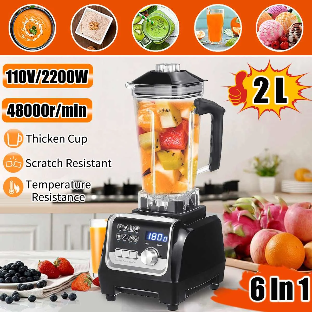 

Digital 3HP BPA FREE 2200W 2L Automatic Touchpad Professional Blender Mixer Juicer High Power Food Processor Ice Smoothies Fruit