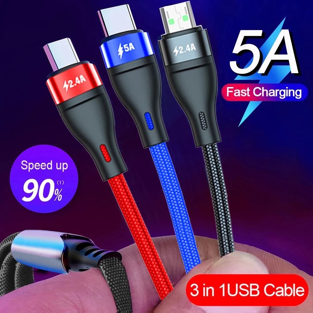 

5A Fast Charging 3 in 1 USB Cable Multi Quick Charger Micro USB Type C Cable for iPhone for Samsung for Xiaomi Huawei Oneplus