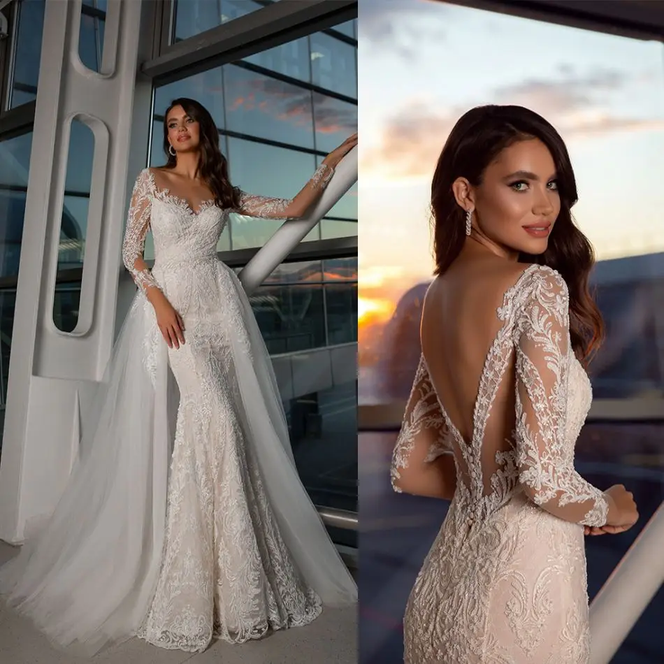 Купи Mermaid Wedding Dresses Sexy V Neck Long Sleeves Backless Bridal Gowns Lace Appliques Beads Detachable Train Wedding Dress за 12,239 рублей в магазине AliExpress