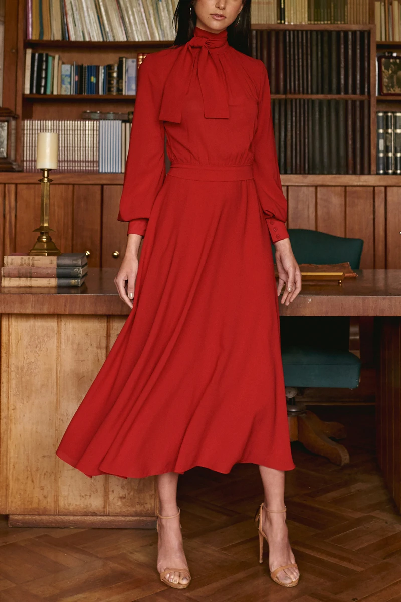 

Spring Elegant Bow Long Sleeve Midi Pleated Dress Women 2020 European Vintgage Runway Dress
