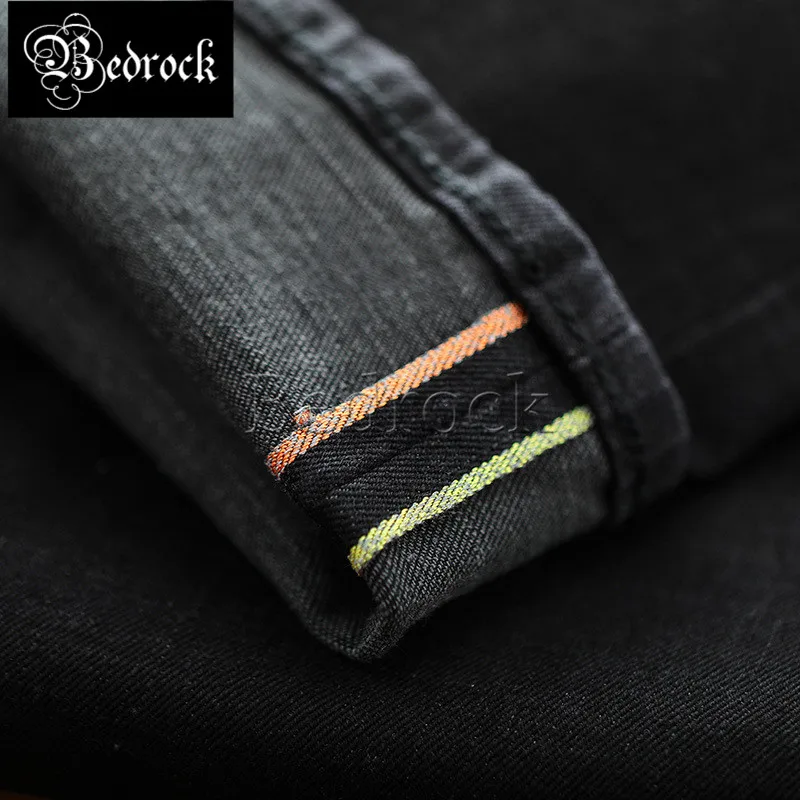 MBBCAR 12oz vintage selvedge jeans for men thin black jeans silm straight cargo pants one washed raw denim jeans black base 7343