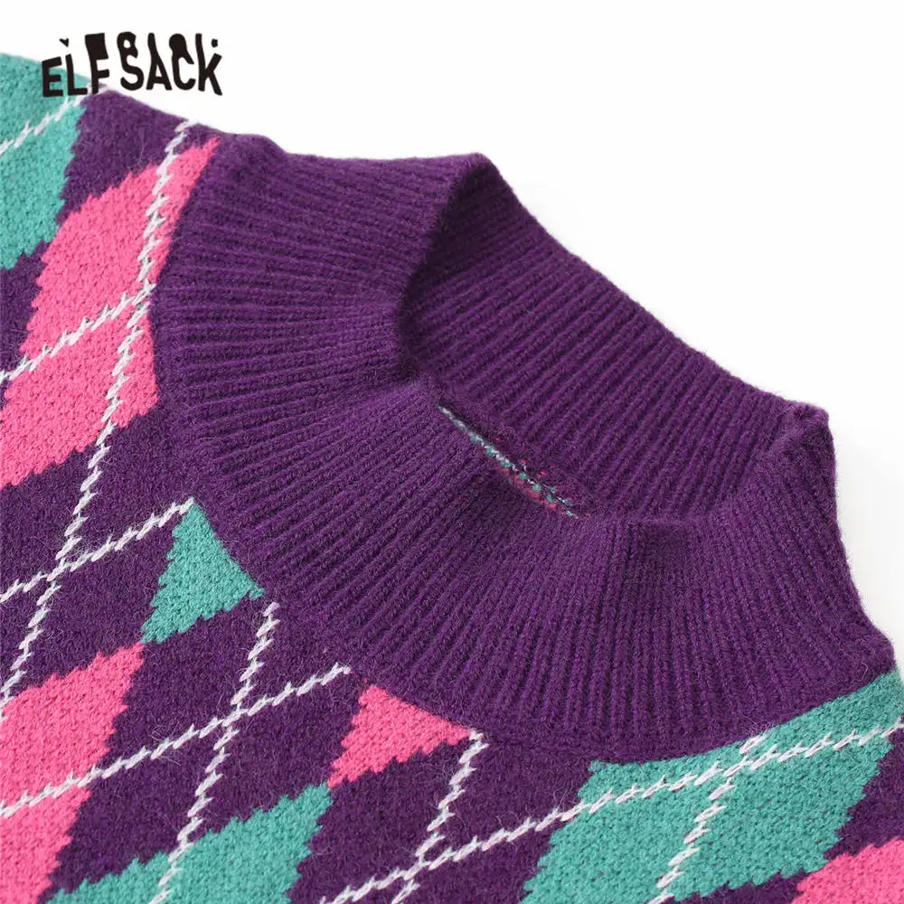 ELFSACK Green Argyle Print New Year Preppy Knit Pullover Women Sweaters 2020 Spring Long Sleeve Korean Casual Ladies Daily Top | Женская