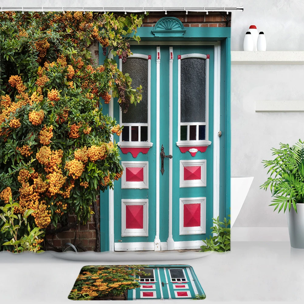 

Vintage Old Wooden Door Waterproof Shower Curtains Bath Mats Set Retro Blue White Geometric Pattern Bathroom Rug WC Non-slip Pad