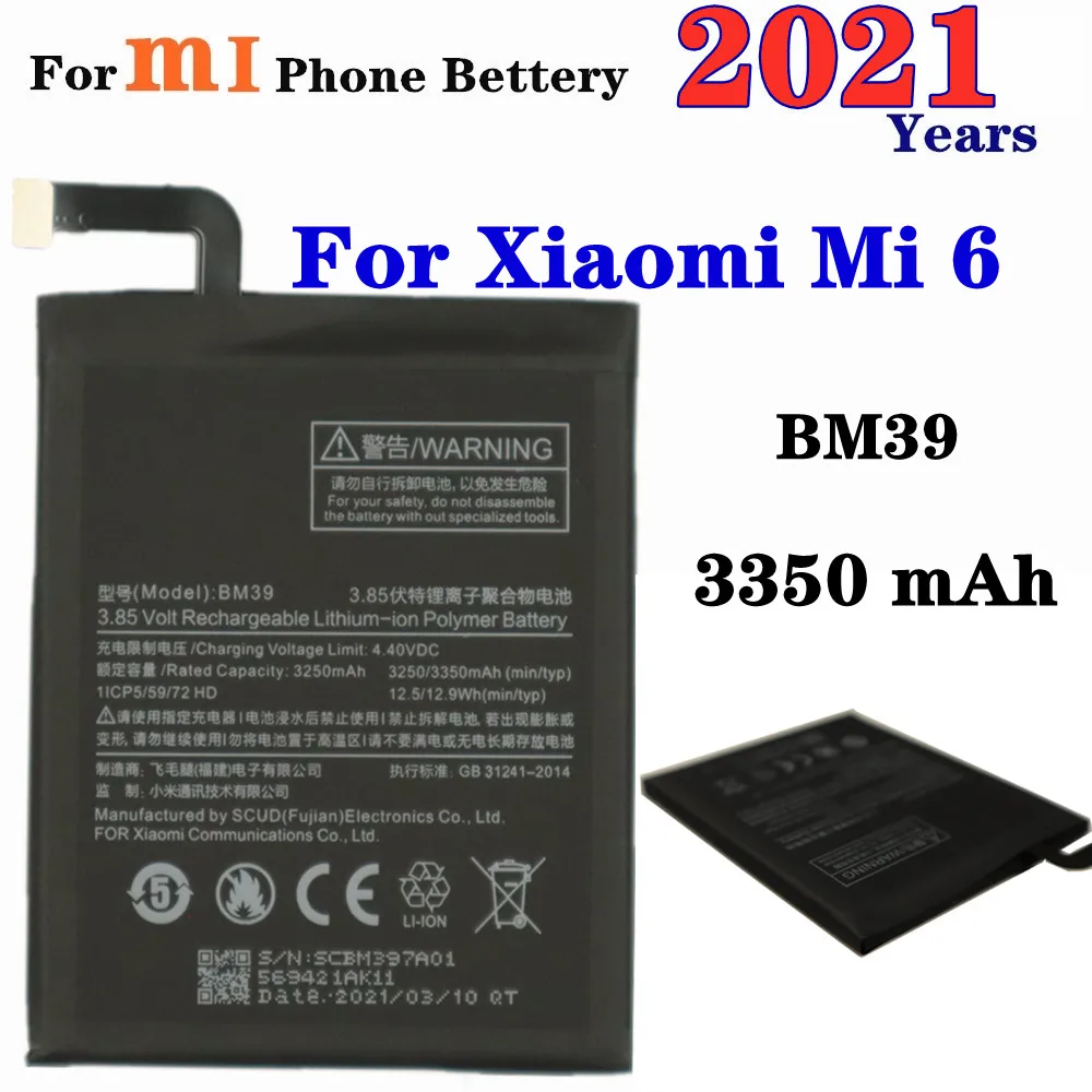 

2021 Years BM39 Battery For Xiaomi Mi 6 Mi6 Mobile Phone Battery 3350mAh High Capacity Batteries