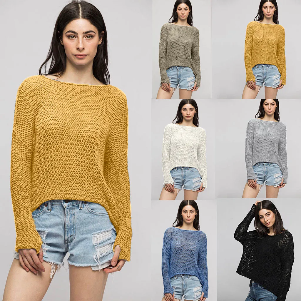 Women Sweaters Fashion Autumn Winter Ladies Knitwear Sexy Casual Solid Long Sleeve O-Neck Lazy Loose Pullover Sweater | Женская одежда