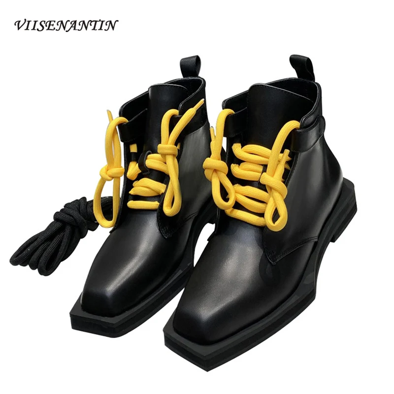 2021 Autumn and Winter Square Toe Thick-soled Increased Yellow Cross-lace Ankle Boots Cowhide British Style Flat Martin Boots