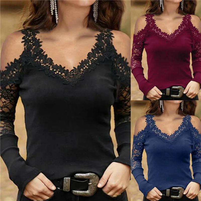 

Women Spring T Shirt Lace Off Shoulder Long Sleeve Mesh Patchwork V Neck Ladies Pullover Solid Color T Shirt