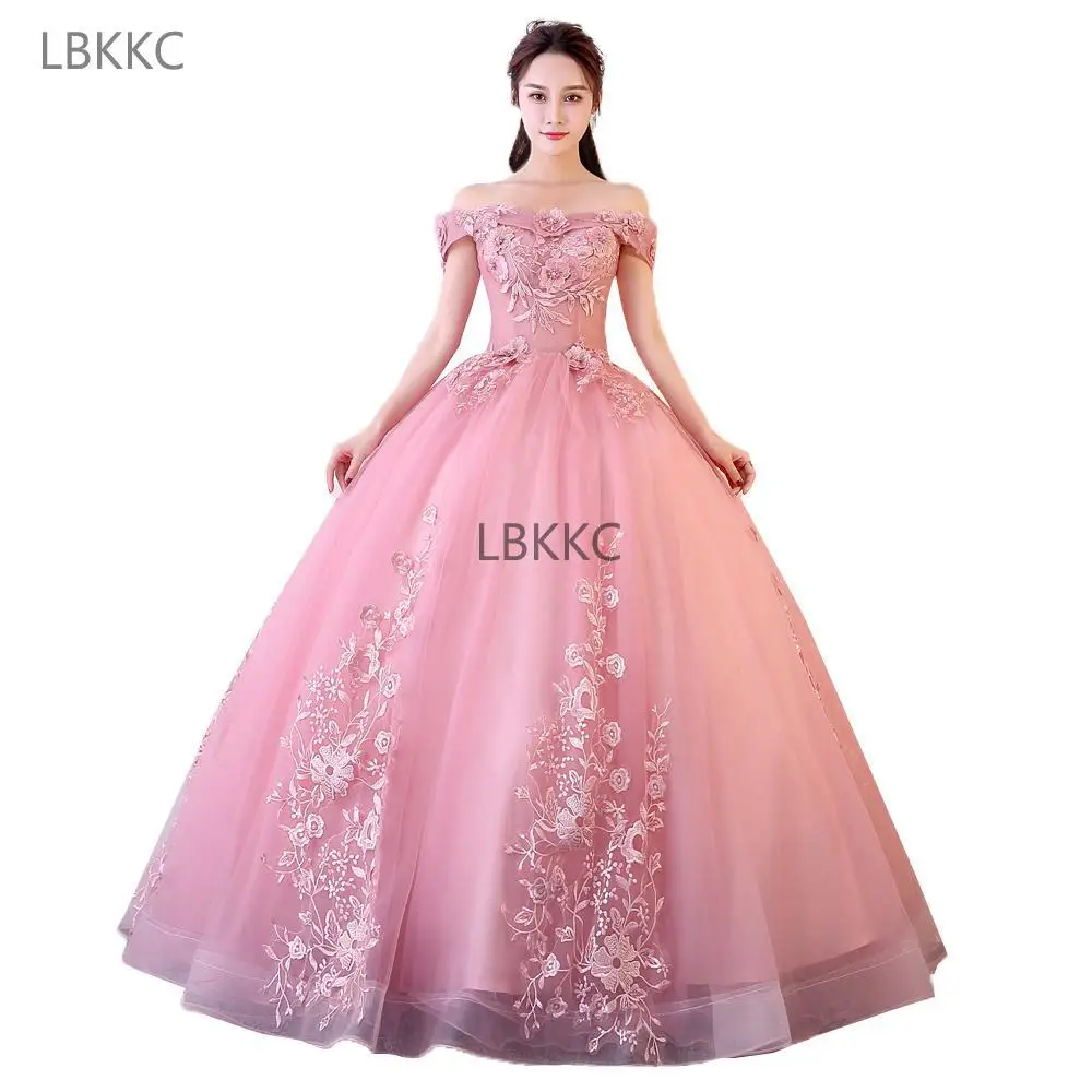 Розовое платье для девушек милое Тюлевое с кружевом и жемчугом платья выпускного