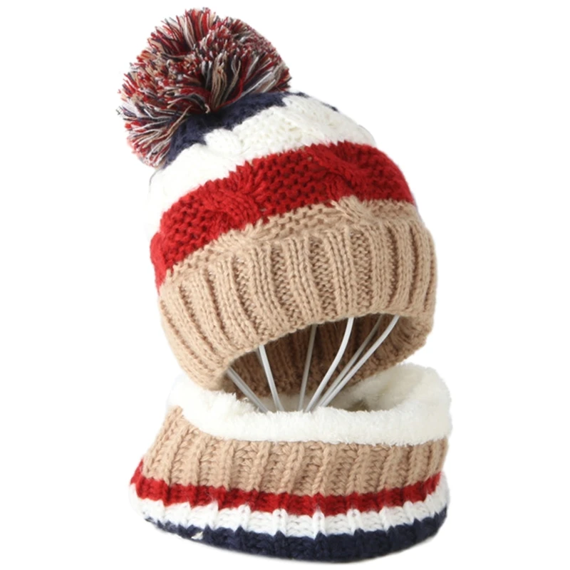 

Children Kids Winter 2Pcs Cable Knit Beanie Hat Circle Scarf Set Cute Pompom Contrast Color Stripes Skull Cap Thick Plush Lined