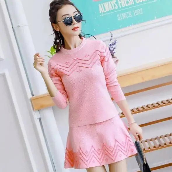 Весенне осенние женские вязаные топы и юбки костюмы корейский стиль воротник с