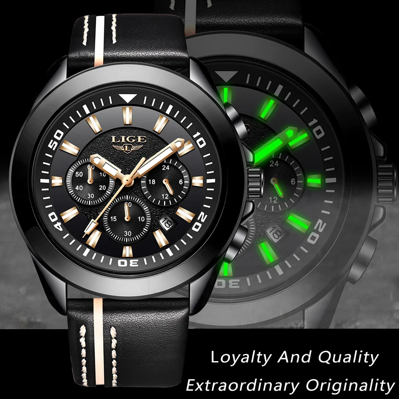 2020 LIGE Мужские часы кожаные автоматические кварцевые мужские роскошные брендовые