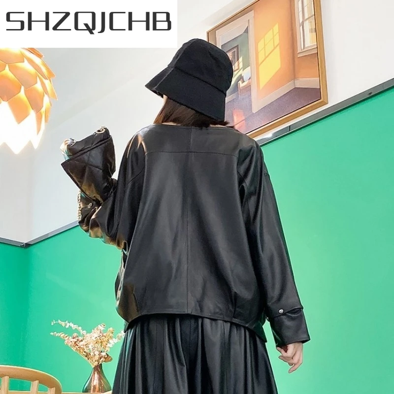 

JCHB 2021 Hip Hop Genuine Leather Large Size Jacket Women Loose Casual Tops Long Sleeve Sheepskin Outerwear O Neck Pullover Fema