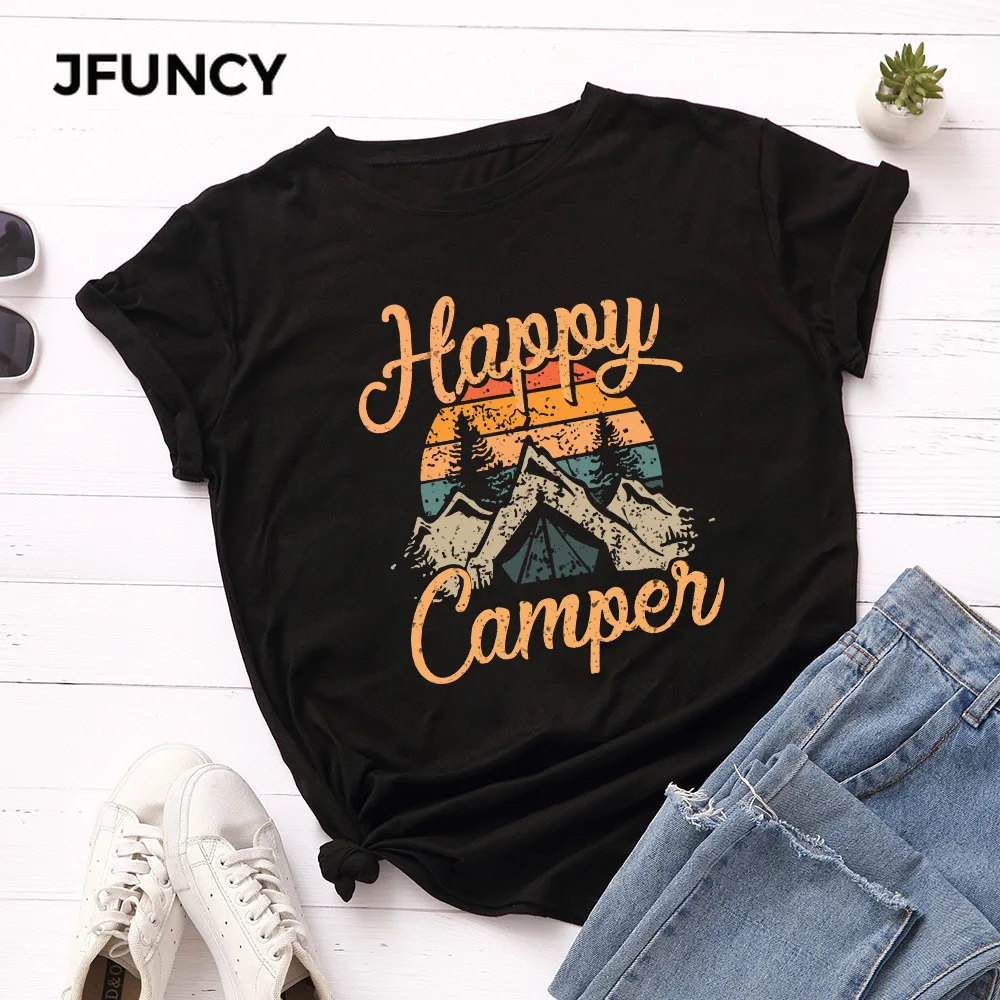 JFUNCY-Camiseta de algodón para mujer, Camiseta con estampado de Happy Camper, camisetas holgadas de manga corta para mamá, ropa para mujer