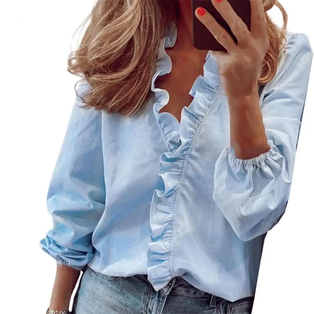 

Loose Women Blouse Ruffle Stitching V Neck Lantern Sleeve Long Female Shirts Blouse Casual Office Lady Blouses Shirt Top Blusas
