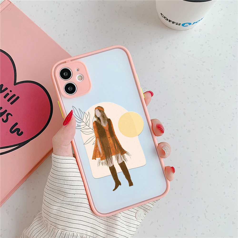 

iphone 13 12 XS 11 Pro Max Mini Case for iphone 7 8 6 6s Plus SE2020 X XR Pink Cases Bohemian Fashion Illustration woman floral