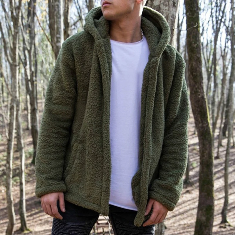 

Hooded Fleece Jacket Long Sleeve Warm Plush Cardigan Overcoat Solid Color Loose Outerwear Fashion Casual Home