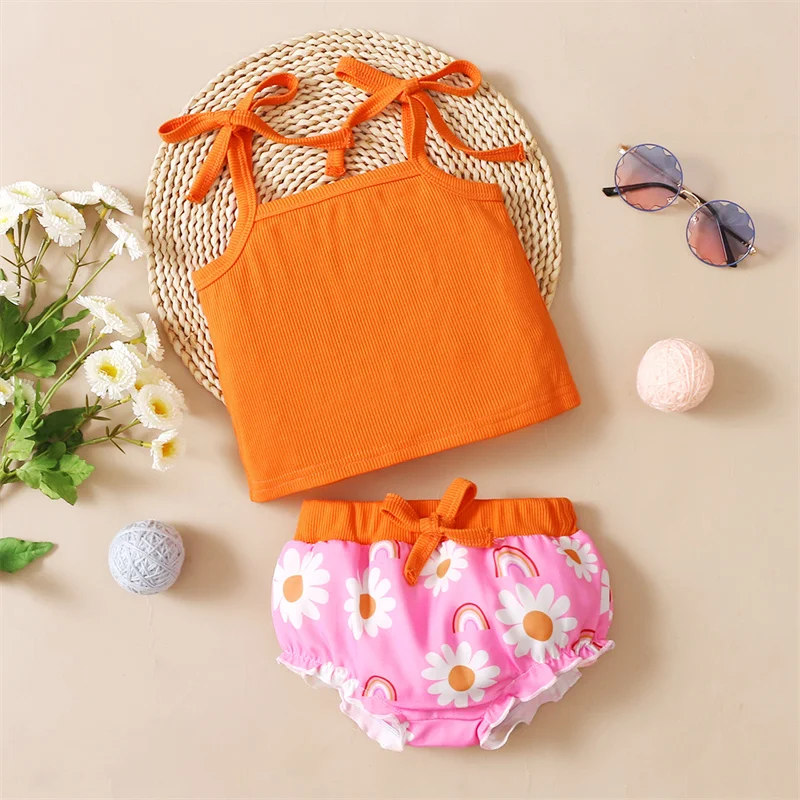 

0-18 Months Baby Girls Clothes Set Solid Color Sleeveless Cropped Tops + Daisy Print Short Sets Newborn Infant Fashion Outfits