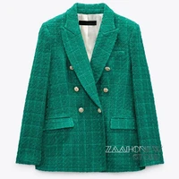 zaahonew new spring autumn women fashion casual tweed blazer vintage office jacket double breasted tops coat female