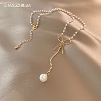 shangzhihua korean new trend gold bow pearl chain luxury zircon pearl pendant fashion womans necklace party gift jewelry