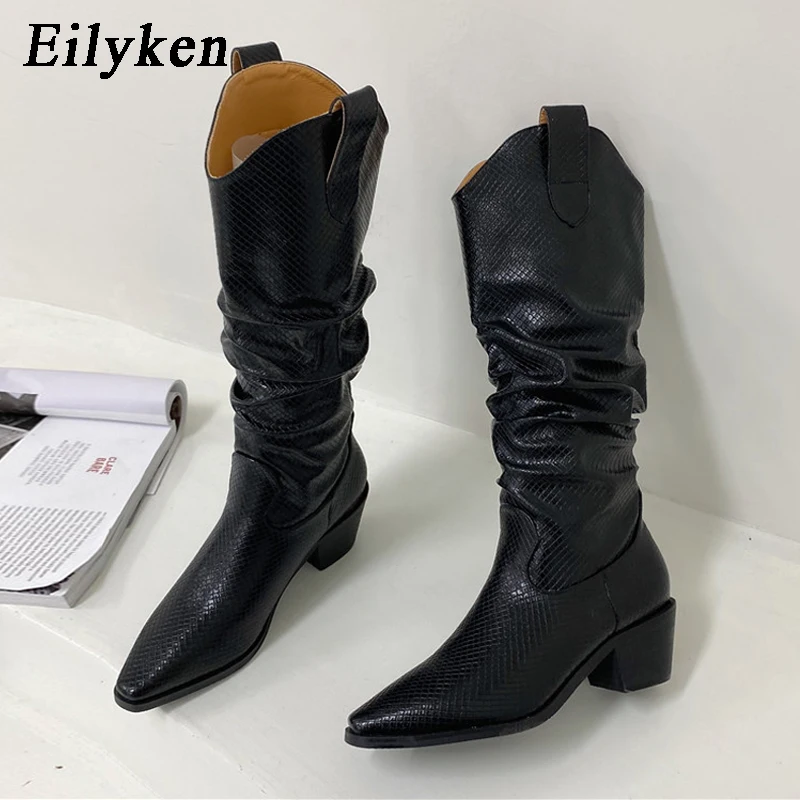 

Eilyken/высококачественные черные сапоги до середины икры из PU искусственной кожи со складками новые модные зимние женские туфли-лодочки на ни...