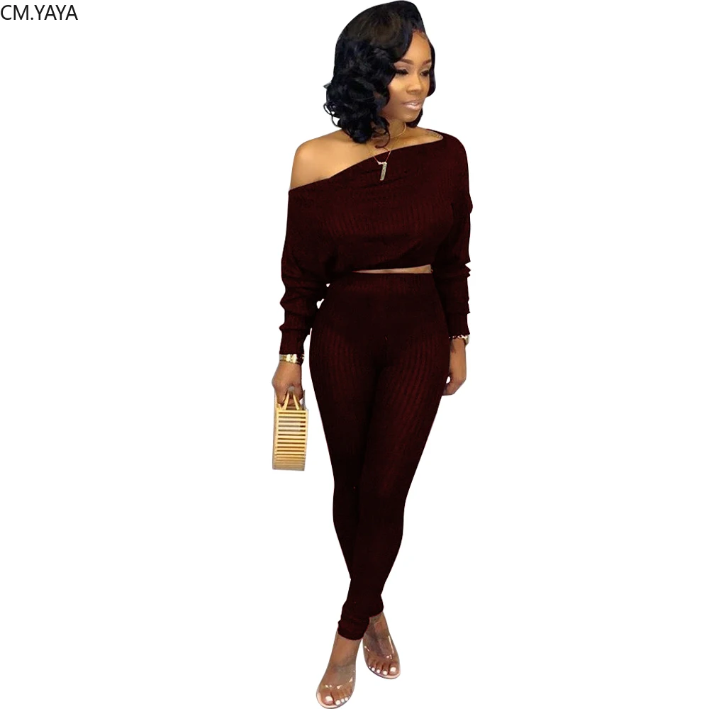 Осенний вязаный Однотонный женский комплект свитер с открытыми плечами и