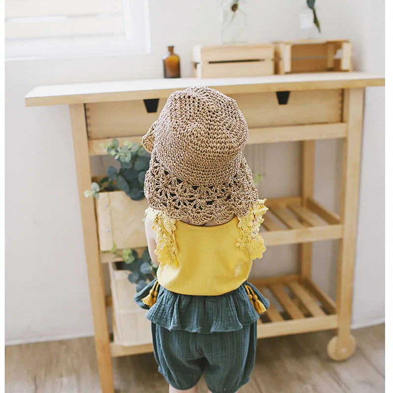 Детская соломенная шляпа от солнца ручной вязки для детей и родителей |
