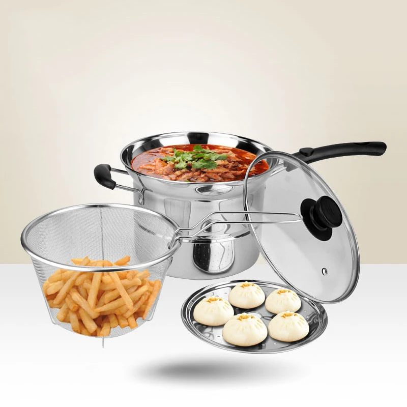 

304 Stainless Steel Deep Frying Pot with a Thermometer and a Lid Multipurpose Fryer Pan Kitchen Cookware Large Capacity Soup Pot