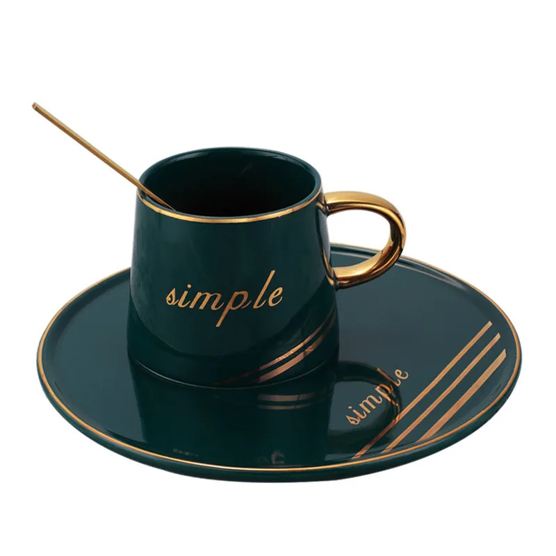 

Luxury Gold Rim Ceramic Coffee Cup Set High Quality Tea Cup Dessert Saucer Spoon Set Creative Porcelain Latte Cup With Gift box