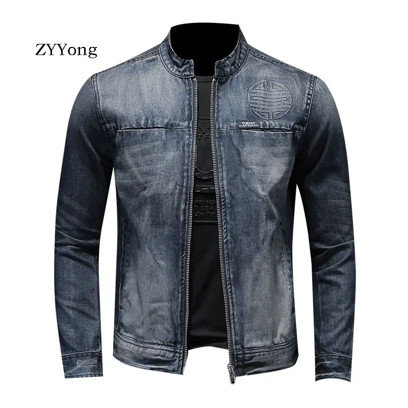 

New European Style Stand Collar Bomber Pilot Blue Denim Jacket Men Jeans Coats Slim Motorcycle Casual Outwear Clothing Overcoat