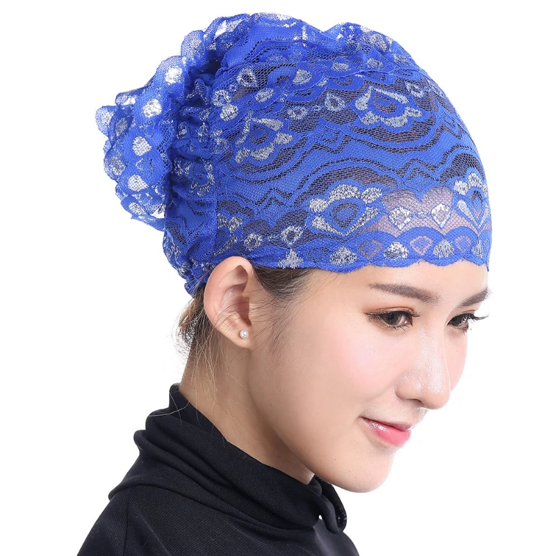 

2021 Summer New Style Middle East Dubai Saudi Arabia Veil Fashion Muslim Lace Glitter Bottoming Hat with Flowers