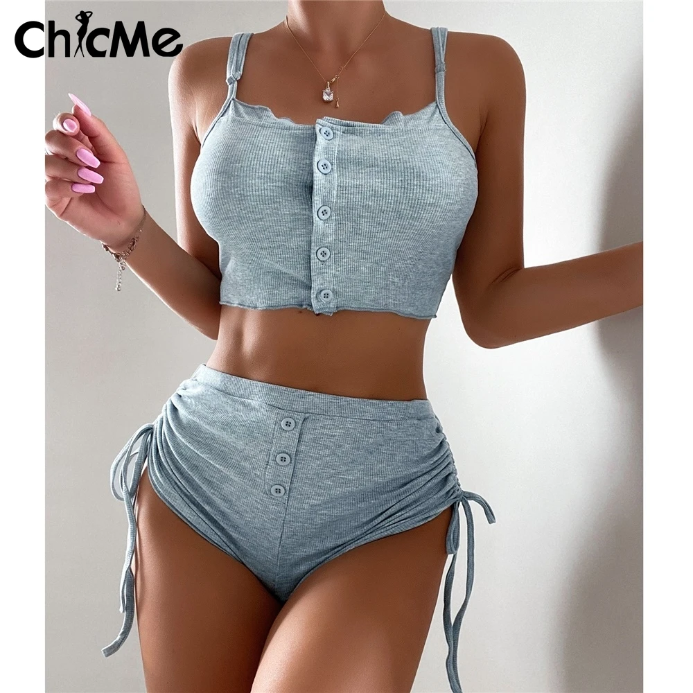 

Chicme Summer Women Frill Hem Buttoned Square Neck Crop Top & Drawstring Ruched Shorts Set Casual Two Pieces Suit Home Fashion