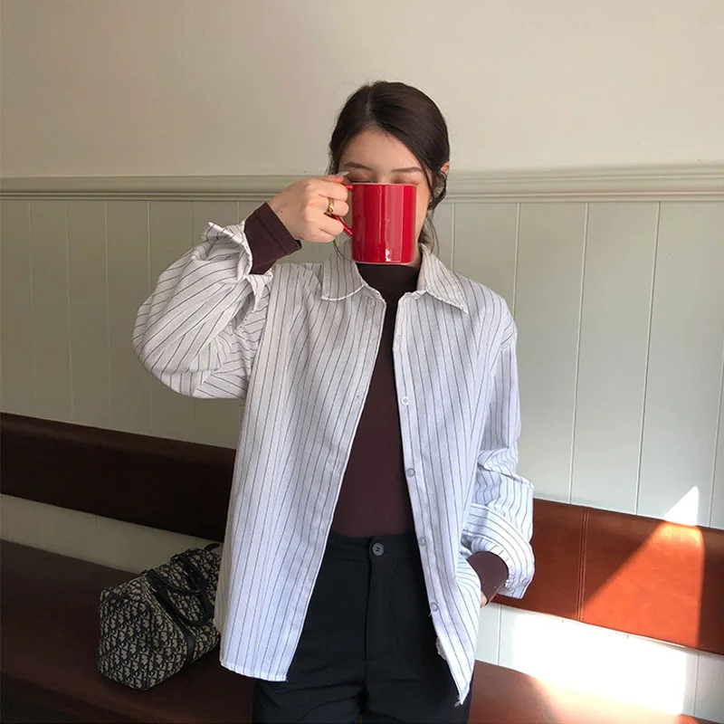 Женская уличная блузка рубашка в полоску с длинным рукавом Повседневная