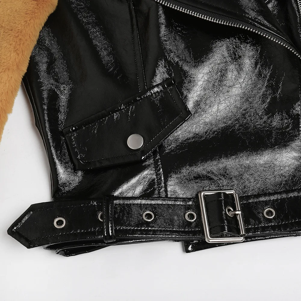 

Cool Women Belt PU Leather Fur Jacket Winter Warm Plush Thick Outerwear Patchwork Fleece Fur Sleeve Ladies Motorcycle Basic Coat