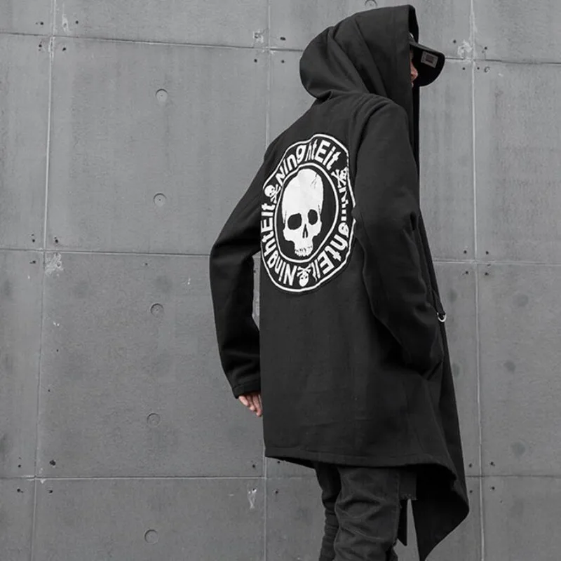 

Men skulls printed punk hooded trench coat with belt hip hop long jacket mens vintage casual cloak gothic black cardigan