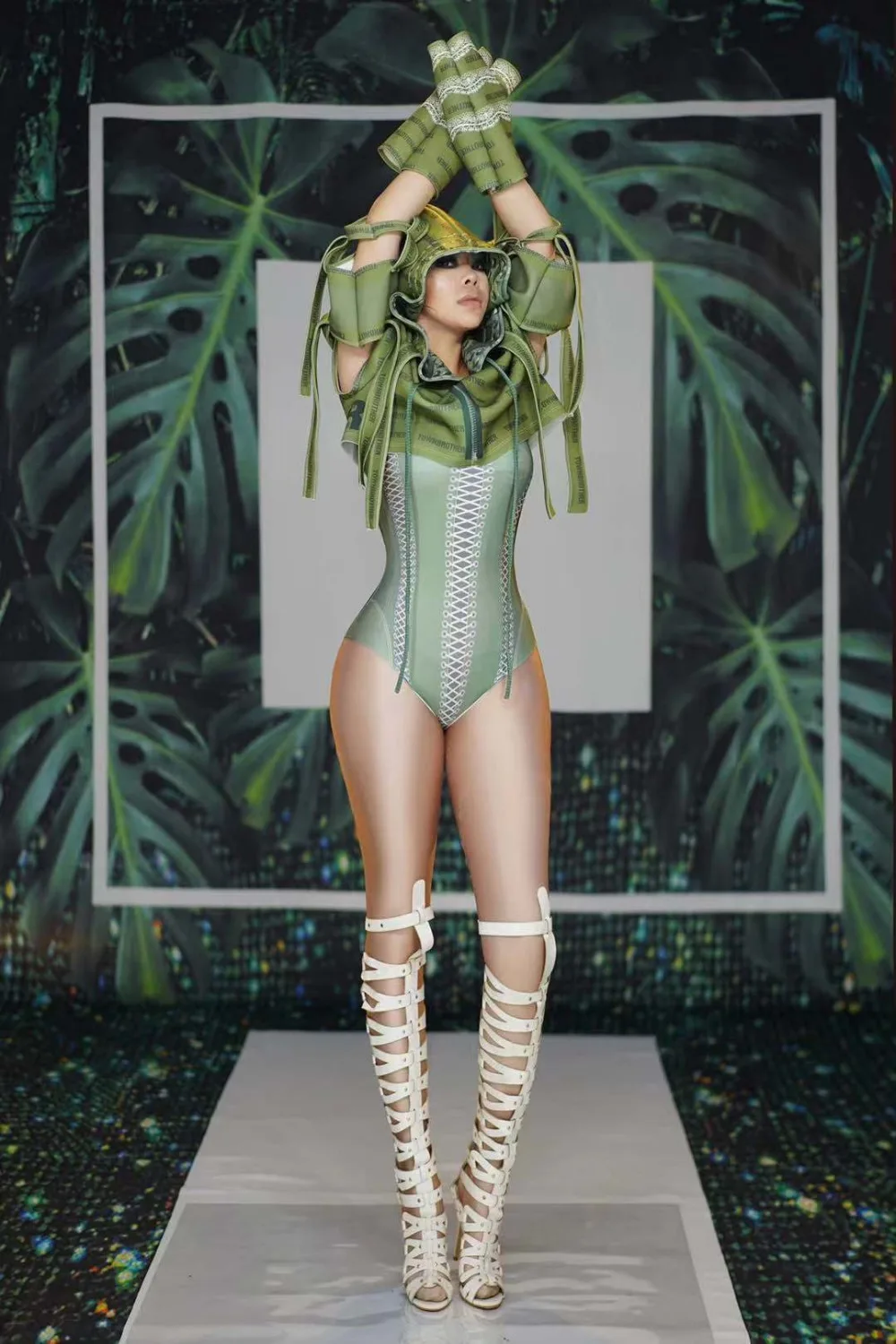 2019 Green Military Uniform Costume Spandex Leotard Jacket Nightclub Outfit Women Singer Dance Prom Bodysuit Set