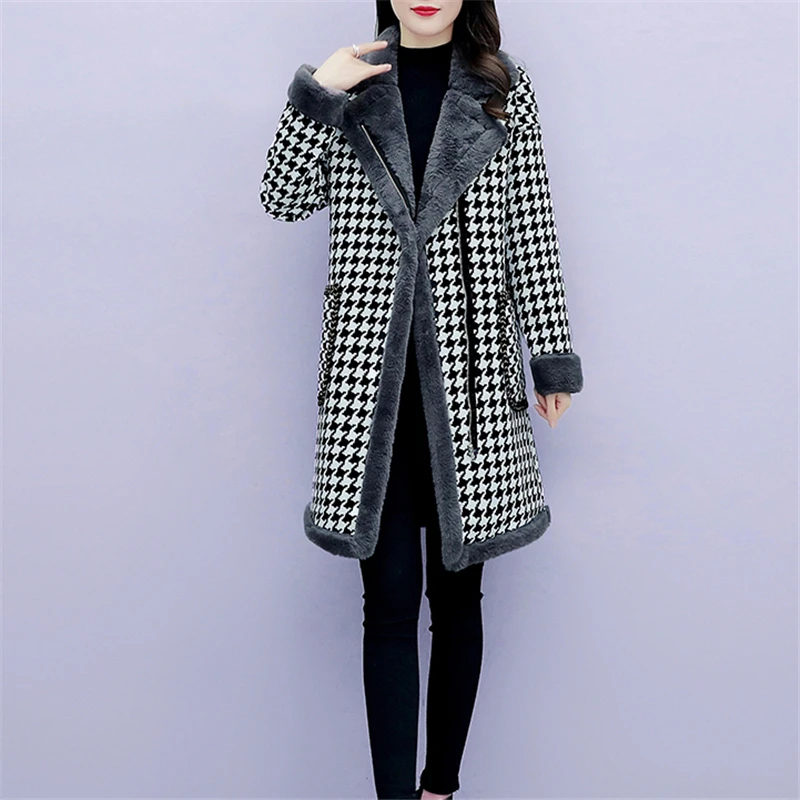 

Winter new ladies plus fat plus size woolen plaid faux fur one mid-length waistcoat jacket