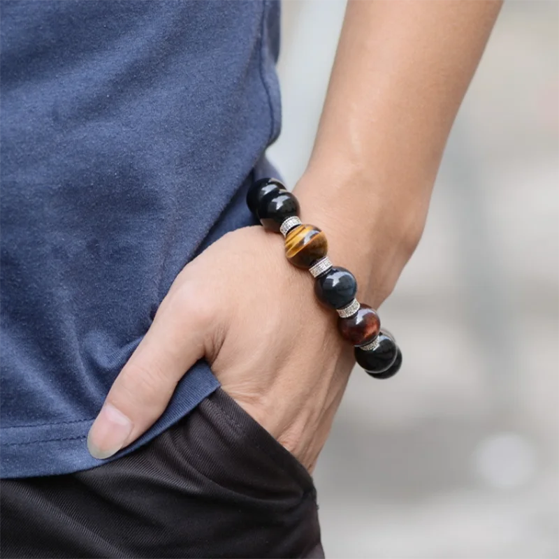 

Black Obsidian Bracelet With Three Tigers Eye Stone Bead Bracelets For Men Fashion Handmade Lucky Beaded Strand Charm Bangles