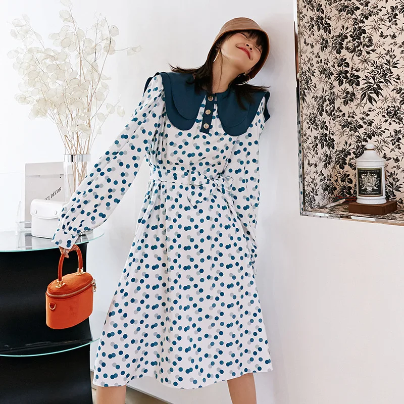 Женское винтажное платье LANMREM демисезонное в горошек с круглым воротником и