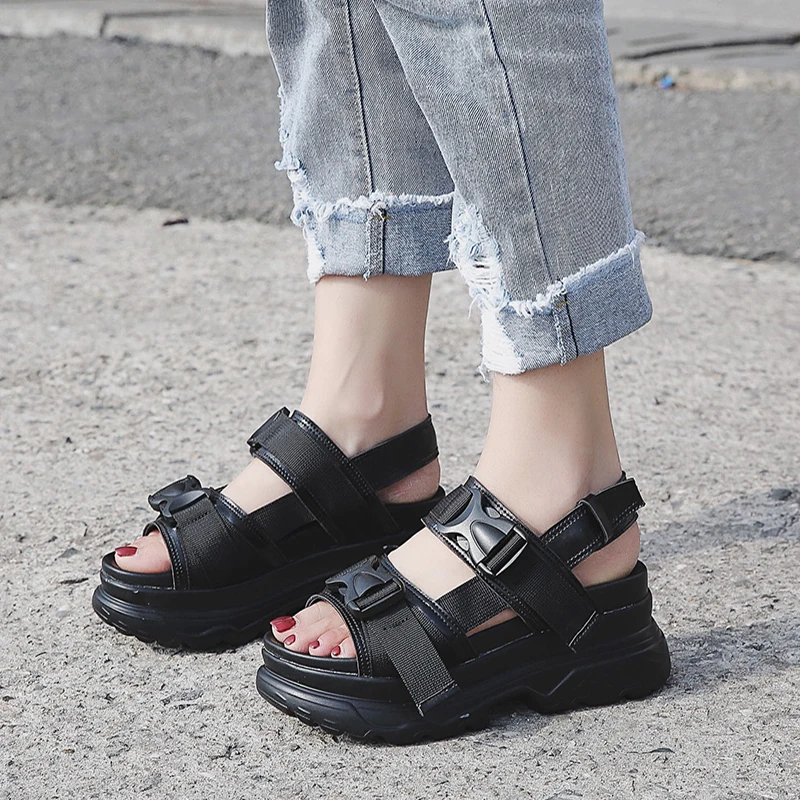 Summer Women Sandals Buckle Design Black White Platform Sandals Comfortable Women Thick Sole Beach Shoes #SJPAE-138