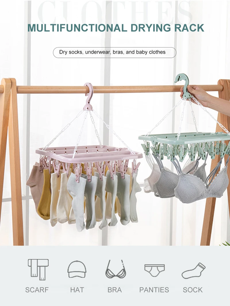 

Multi-clip Drying Rack Hanger Socks 32 Clip Plastic Bra Clothespin Household Clothes Hanger Inner Hanger Baby Clothes Hanger