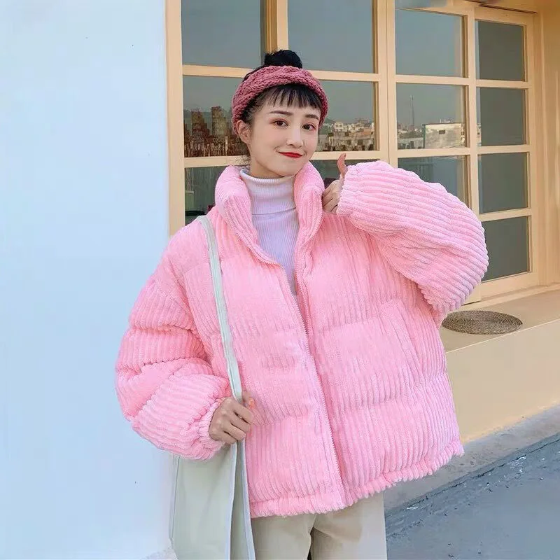 

2021 Winter Thicken Warm Jacket Women Stand Collar Corduroy Parkas Female Pink Blue Cotton-Padded Short Coat Winter Coat Women