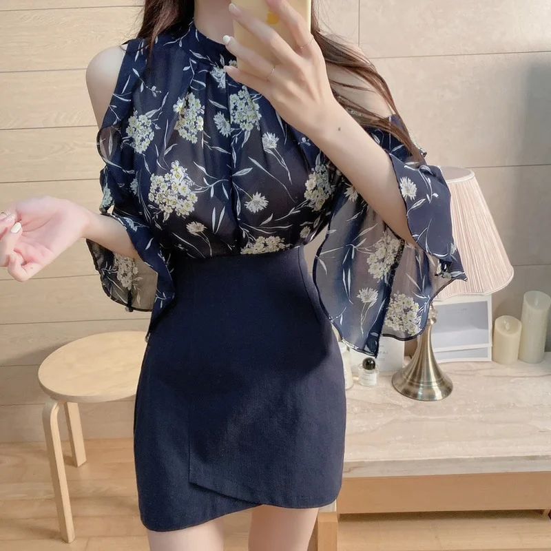 Шифоновая Блузка Рубашки женские топы корейский стиль дизайн фиолетовый черный