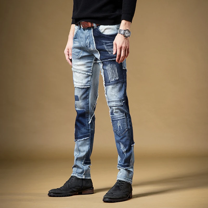 Men Blue Patchwork Jeans Retro Stretch Straight Pants Cotton Slim Fit Jean Streetwear Denim Trousers