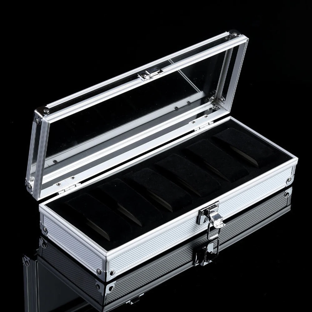 6 Grid Card Slot Watch Safe Exhibition Box Jewelry Watches Aluminium Alloy Display Storage Case Transparent Watch Stand Box