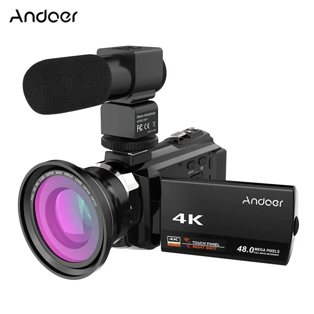 Andoer 4K 1080P 48MP WiFi цифровая видеокамера регистратор w/0.39X широкоугольный